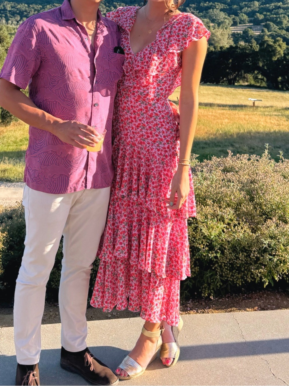 Wayf Pink and Red Floral Ruffle Tiered Maxi Dress